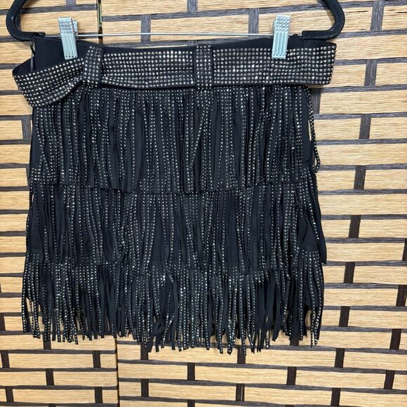 Kiwi Black Fringe Stud Belted Skirt Size Small - Picture 3 of 8